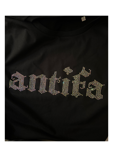 T-shirt « antifa » strass de verre (rhinestone), fait main