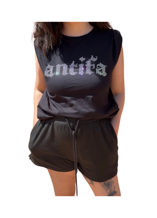 T-shirt « antifa » strass de verre (rhinestone), fait main