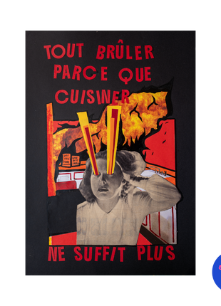 Collage original n°5 — Cuisiner ne suffit plus, Pièce unique A4 sur papier noir