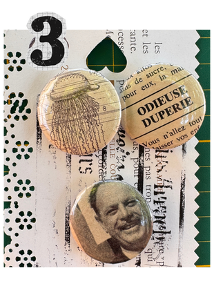 Savoirs Arrachés — Lot de 3 badges upcyclés de vieux livres (32 mm)